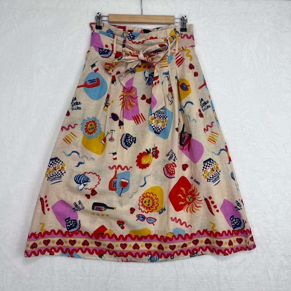 Her Destiny Dolce Vita Italian Print Midi Skirt Med Beige Cotton/Linen Tie Waist